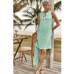 J. Jill Love Linen A-Line Split Neck Dress in Aqua Tint, size ST